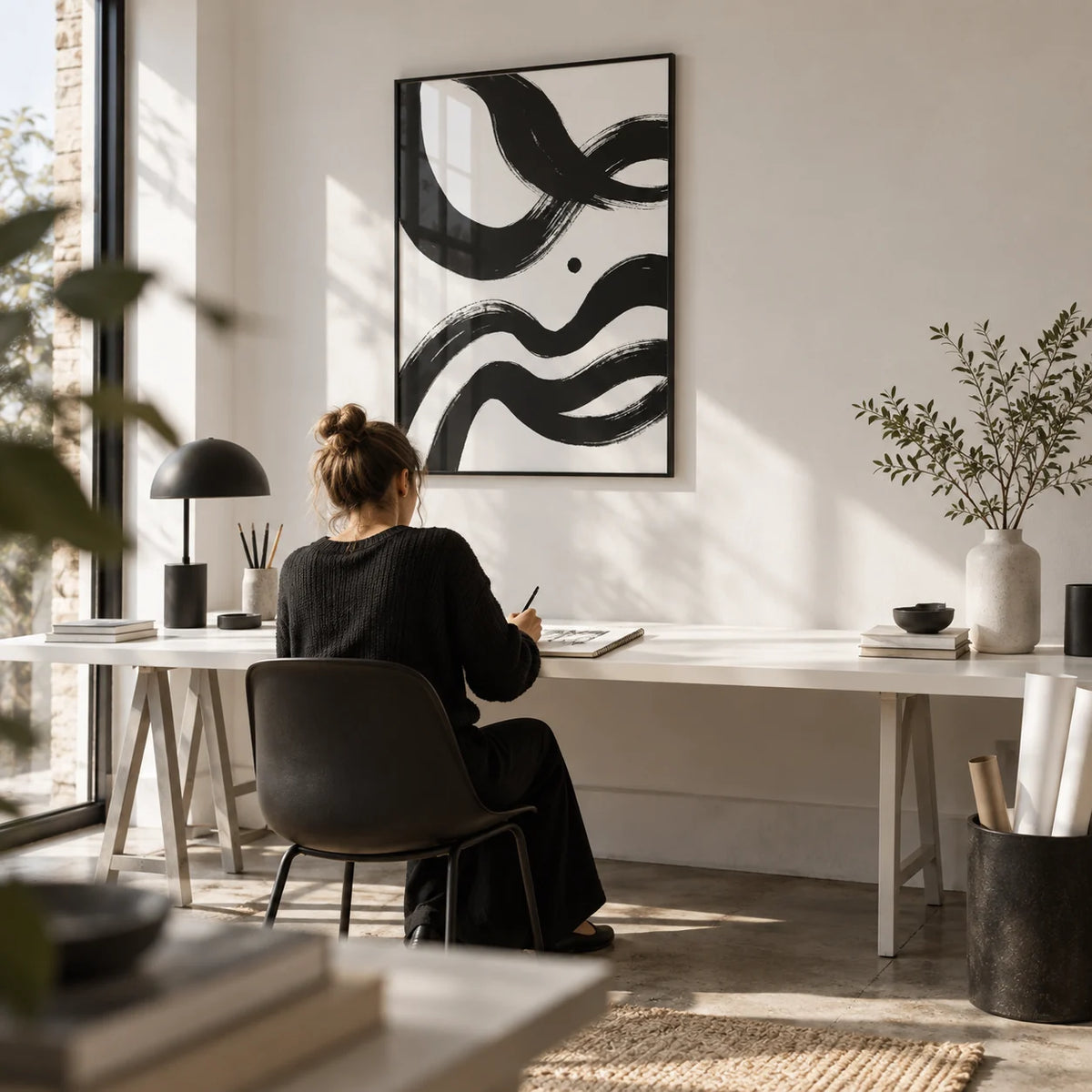 Black And White Paintings Abstract, framed on the wall of a design studio at home with a white wall and a concrete floor in a home office