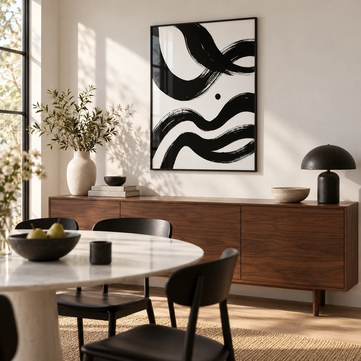 Black And White Paintings Abstract, framed on the wall of a modern dining room with a white wall