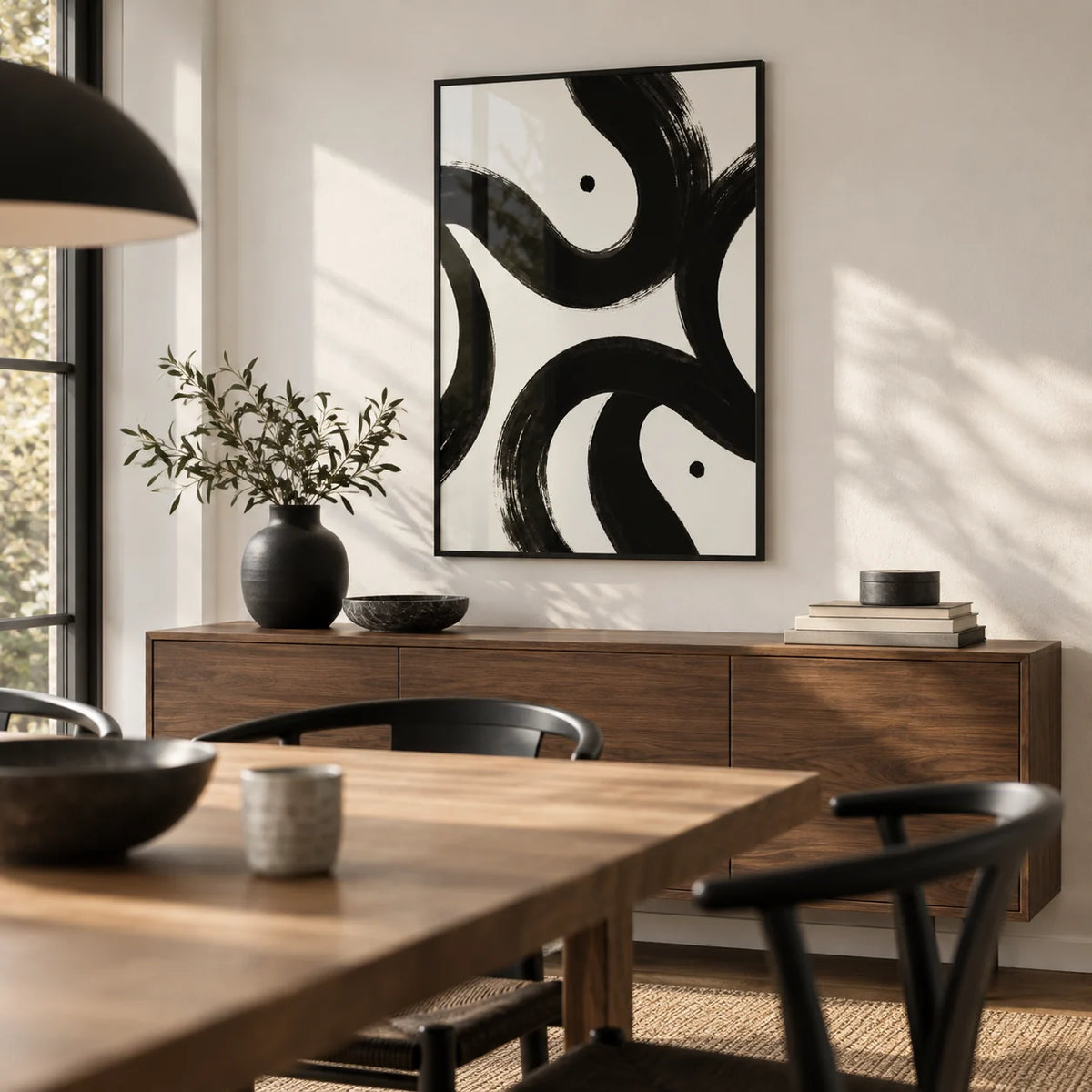 Black and White Posters, framed on the wall of a modern dining room with a white wall