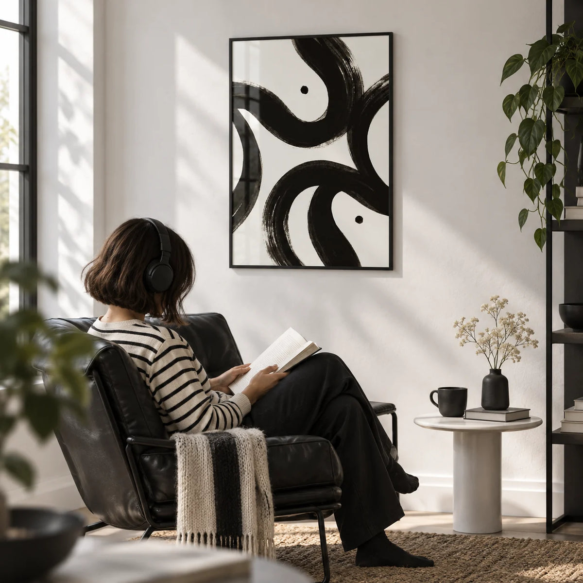 Black and White Posters, framed on the wall of a monochrome reading corner with a white wall in a living room