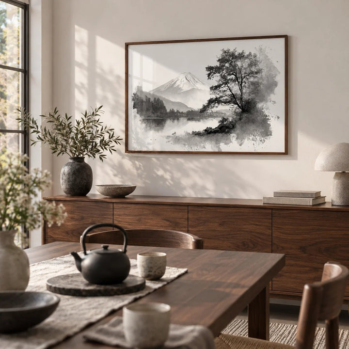 Black And White Print, framed on the wall of a calm dining room