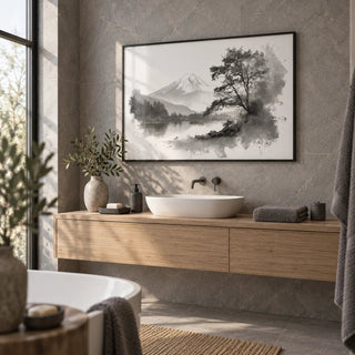 Black And White Print, framed on the wall of a calm spa bathroom with grey stone walls