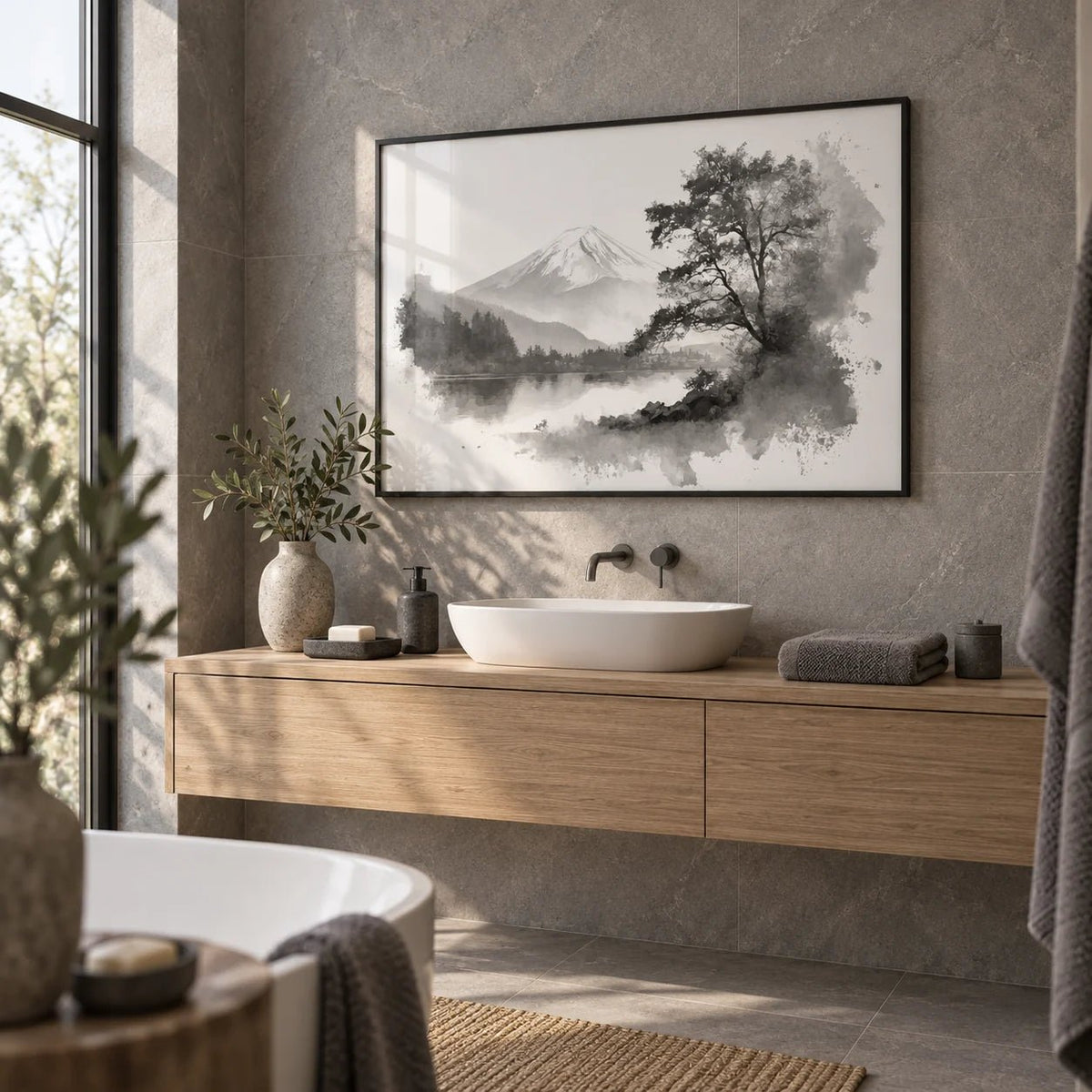 Black And White Print, framed on the wall of a calm spa bathroom with grey stone walls