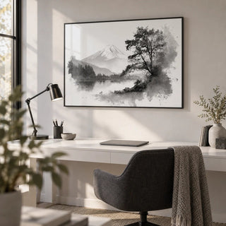 Black And White Print, framed on the wall of a minimal home office