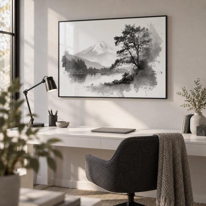 Black And White Print, framed on the wall of a minimal home office