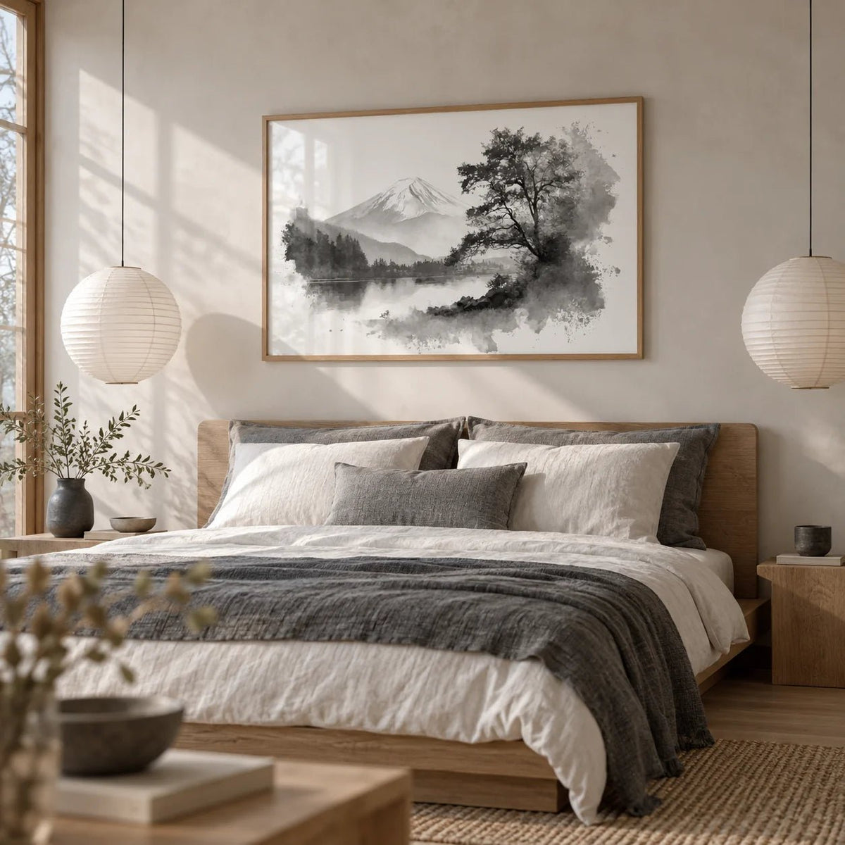 Black And White Print, framed on the wall of a serene Japandi bedroom