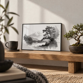 Black And White Print, a small A4 framed print leaning on a low oak bench in a living room