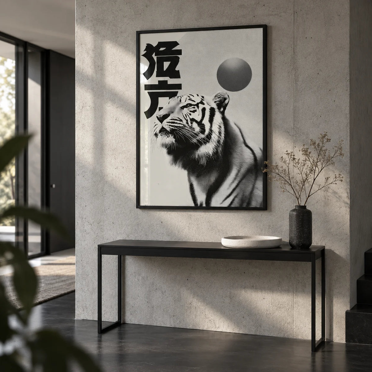 Black And White Tiger Print, framed on the wall of a crisp hallway with a concrete wall and a black floor