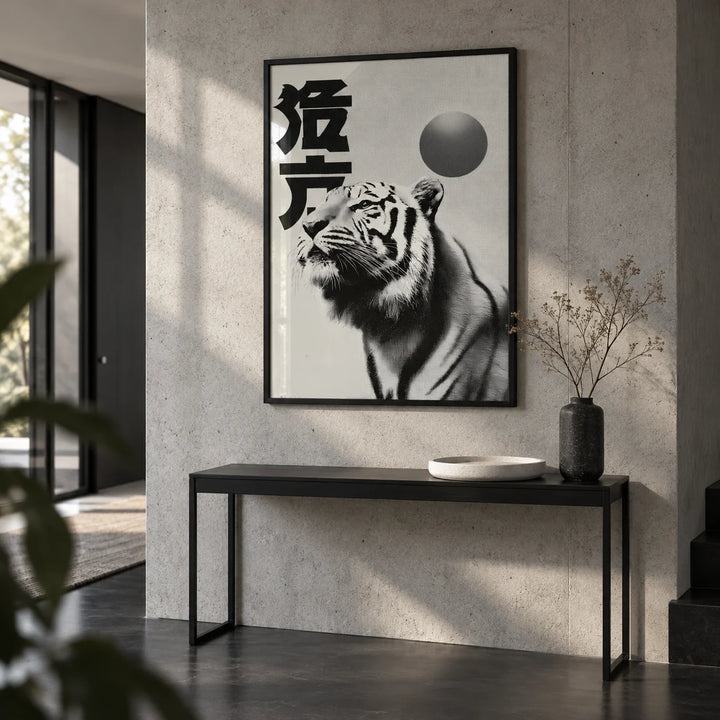Black And White Tiger Print, framed on the wall of a crisp hallway with a concrete wall and a black floor