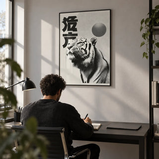 Black And White Tiger Print, framed on the wall of a minimal study with a light grey wall