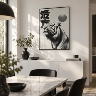 Black And White Tiger Print, framed on the wall of a modern dining room with a white wall