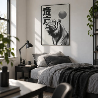 Black And White Tiger Print, framed on the wall of a young man's bedroom (18-25) with a white wall