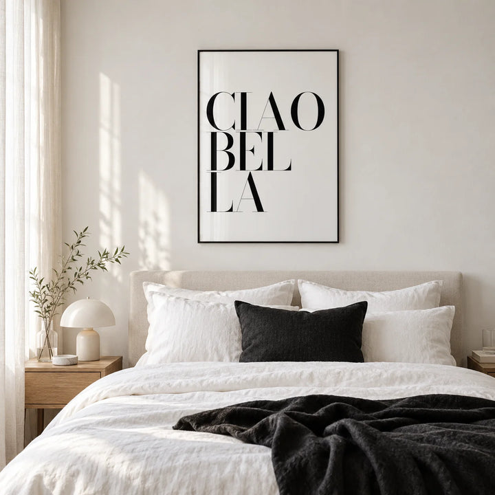 Black and White Typography Poster, framed on the wall of a calm linen bedroom