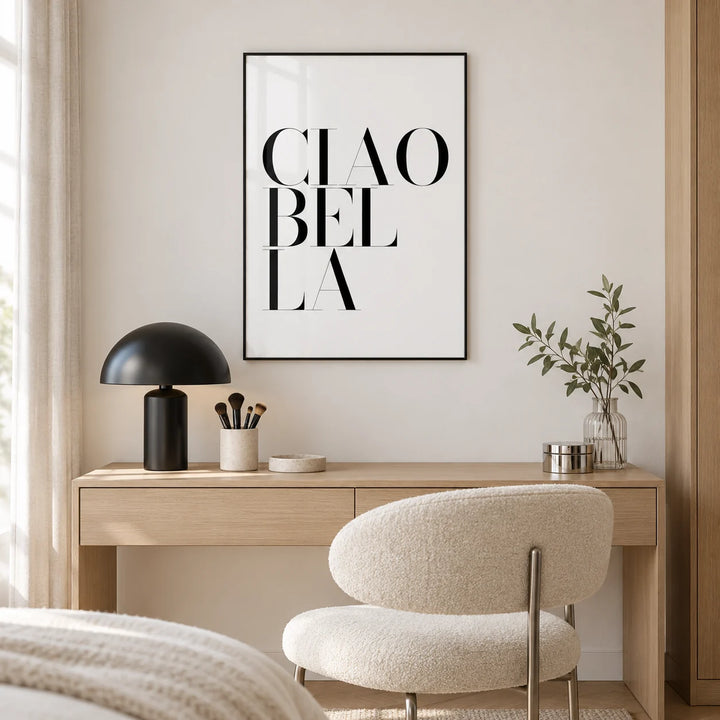 Black and White Typography Poster, framed on the wall of a dressing corner with an oak dressing table
