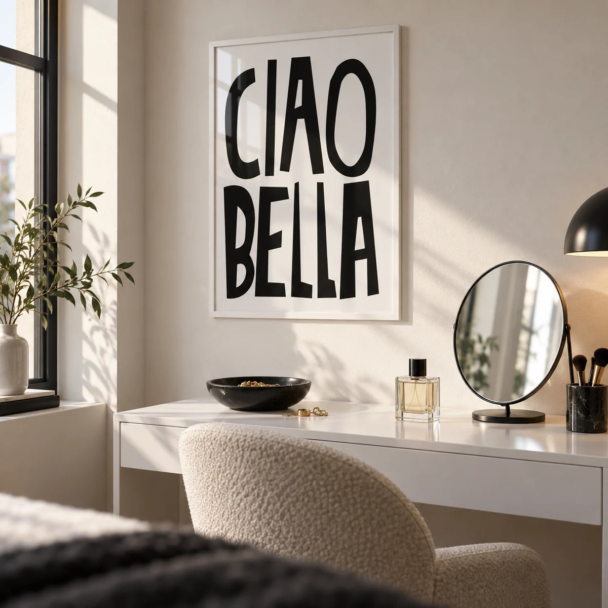 Black and White Typography Poster, framed on the wall of a modern dressing corner
