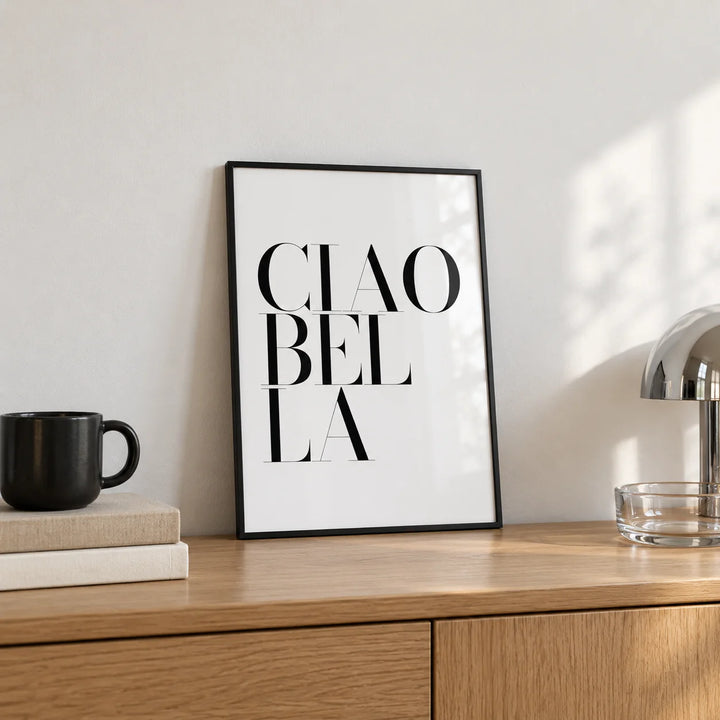 Black and White Typography Poster, a small A4 framed print leaning on an oak sideboard in a living room