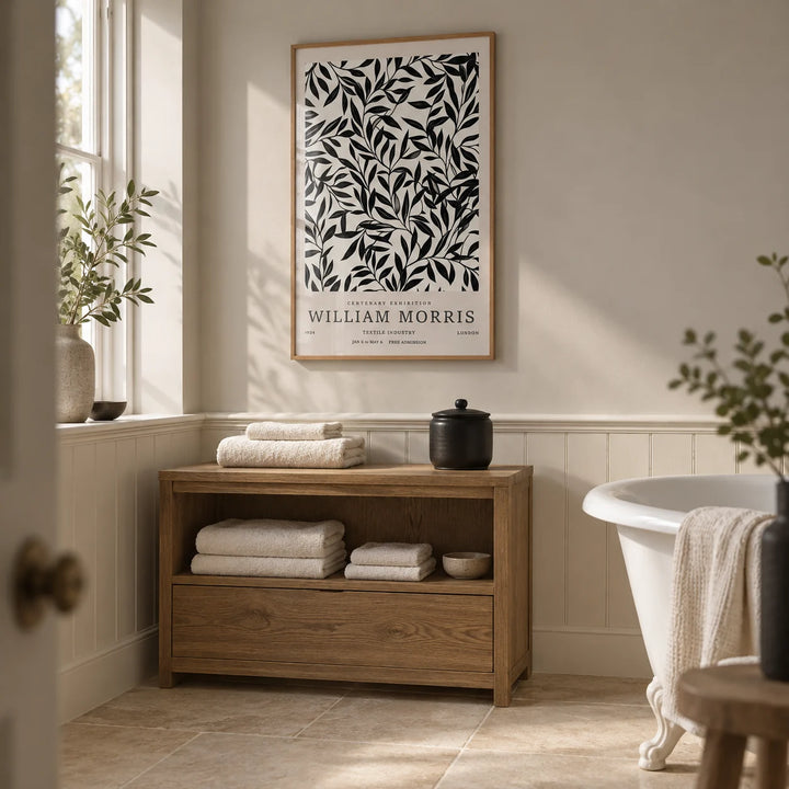 Black and White Vintage Wall Art, framed on the wall of a calm bathroom in a renovated British terrace with pale warm grey upper walls