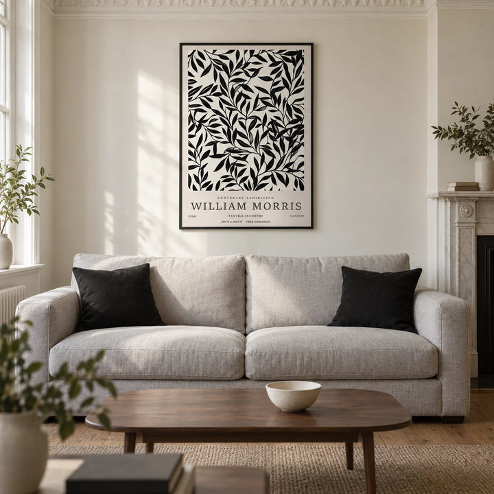 Black and White Vintage Wall Art, framed on the wall of a restrained living room in a renovated British Victorian terrace with warm ivory walls
