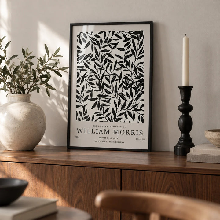 Black and White Vintage Wall Art, a small A4 framed print leaning on a walnut sideboard in a living room