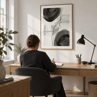 Black And White Wall Art, framed on the wall of a quiet home study in a UK maisonette with a chalk-white wall and an oak desk