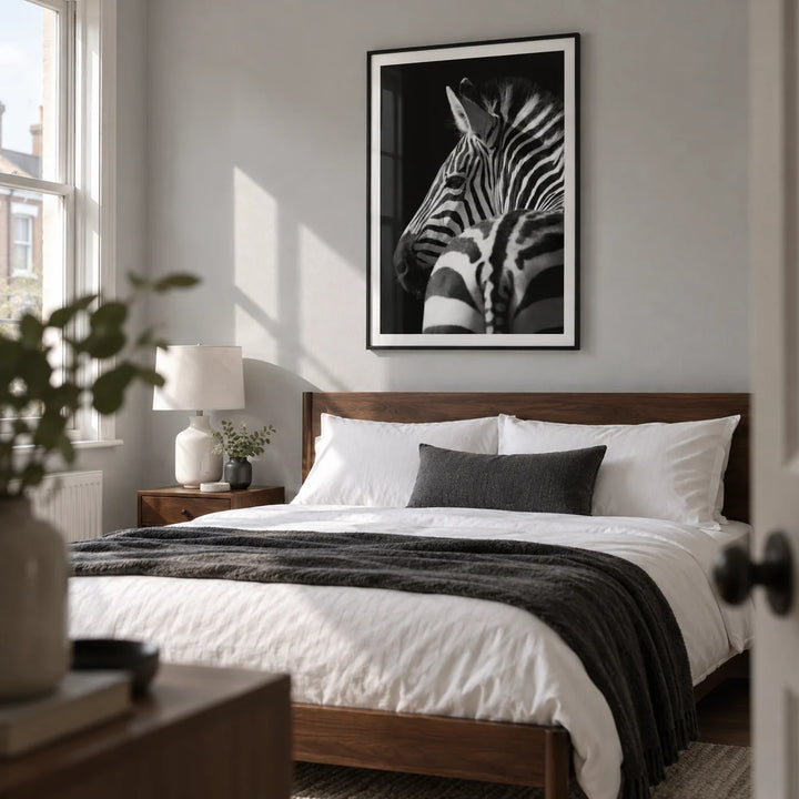 Black And White Zebra Print, framed on the wall of a calm contemporary bedroom in a UK terraced house with a pale grey wall