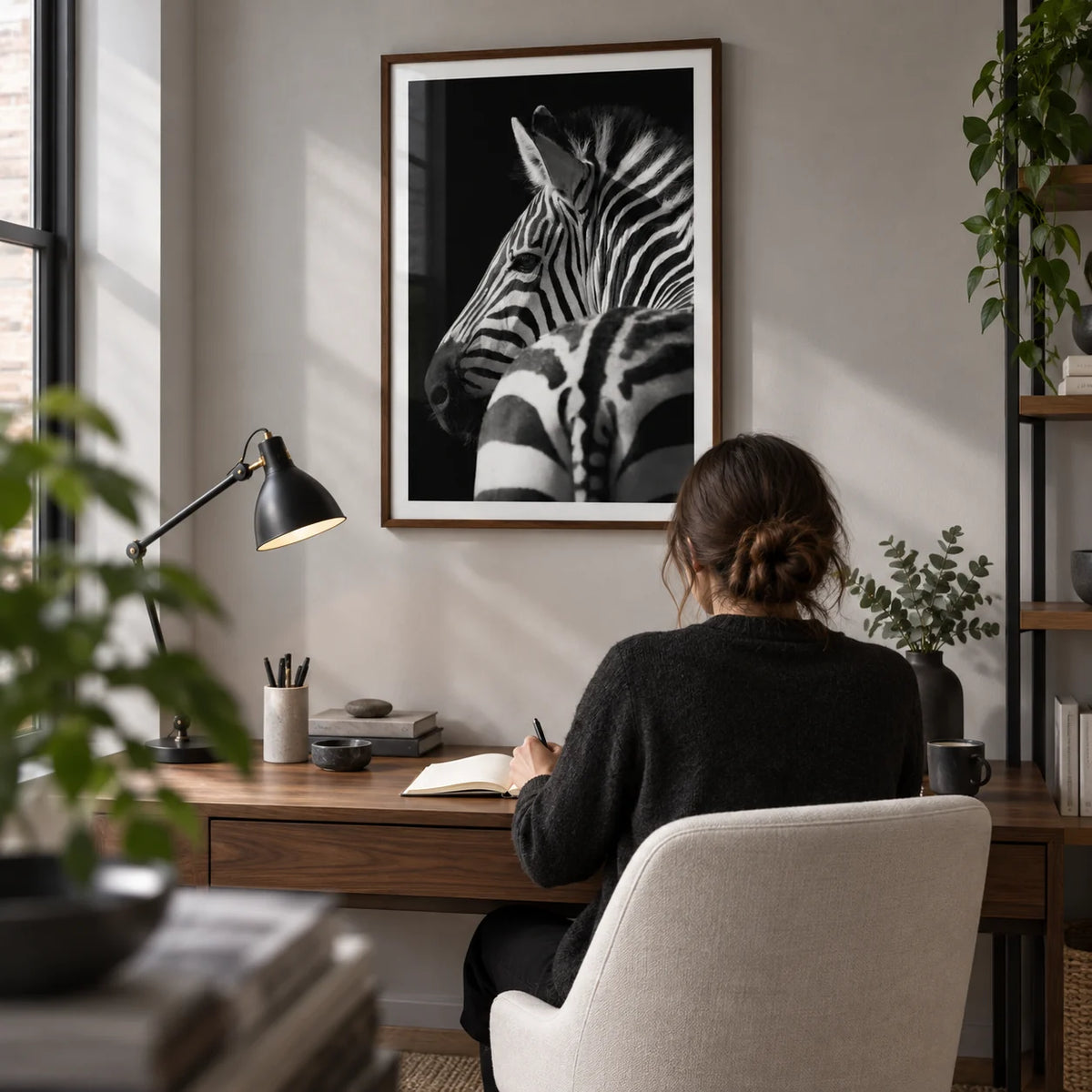 Black And White Zebra Print, framed on the wall of a compact home study in a design-led UK flat with a light grey wall