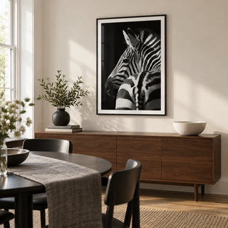Black And White Zebra Print, framed on the wall of a contemporary dining room in a UK townhouse with a warm white wall