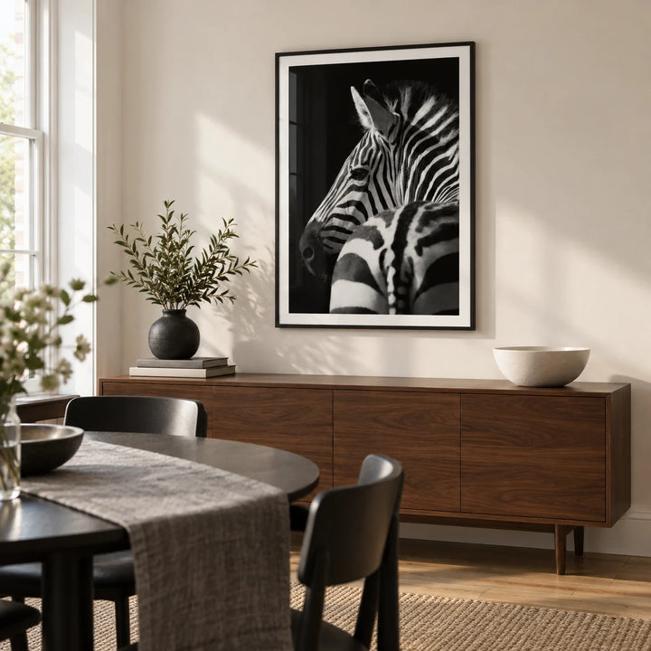 Black And White Zebra Print, framed on the wall of a contemporary dining room in a UK townhouse with a warm white wall