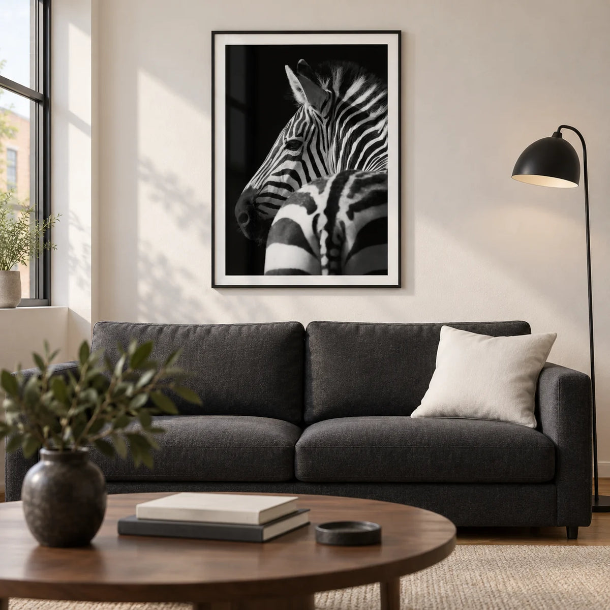 Black And White Zebra Print, framed on the wall of a modern living room in a UK city flat with a soft white wall and warm oak floor