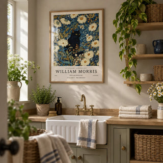 Black Cat Art Print, framed on the wall of a calm cottage utility room with a soft greige wall and plain oak shelving in a laundry room
