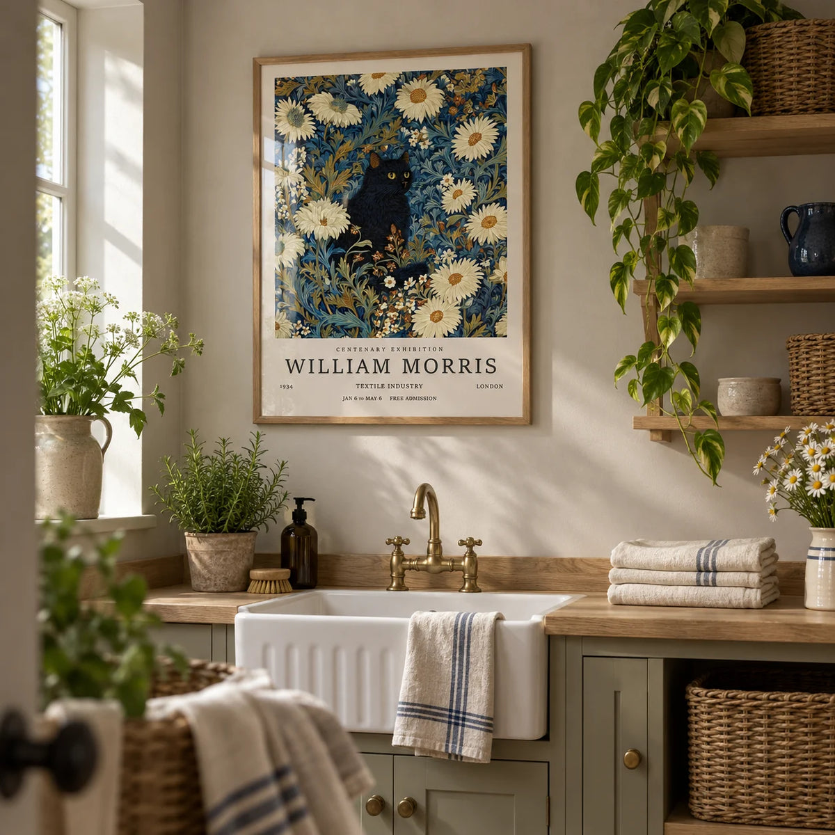 Black Cat Art Print, framed on the wall of a calm cottage utility room with a soft greige wall and plain oak shelving in a laundry room