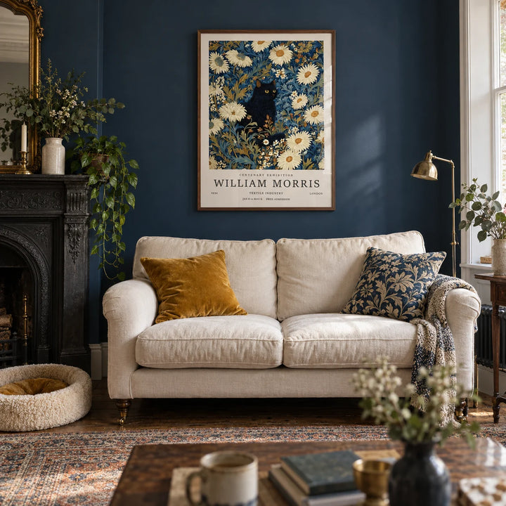 Black Cat Art Print, framed on the wall of a characterful Victorian terrace living room with a deep navy painted wall and an original fireplace