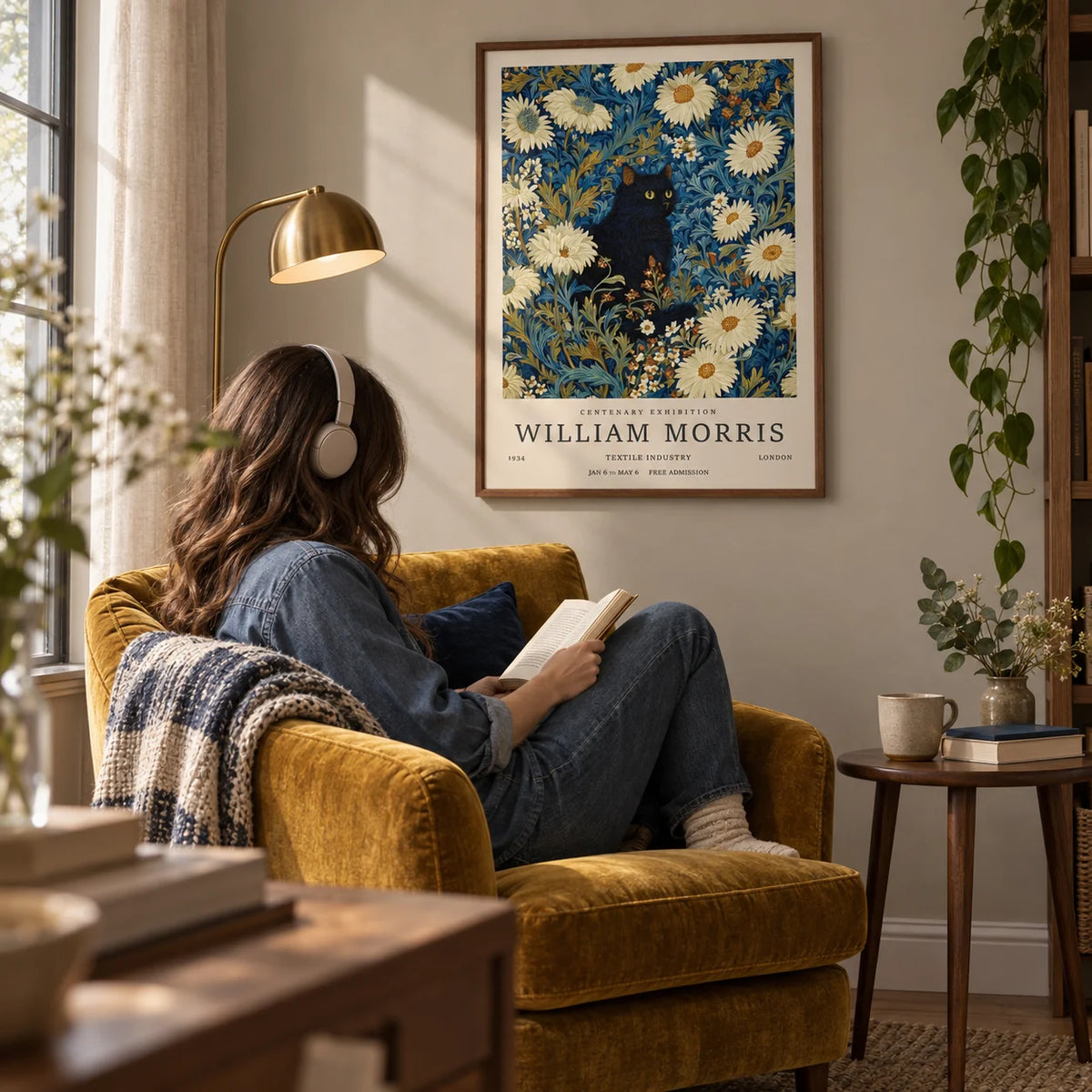 Black Cat Art Print, framed on the wall of a cosy reading nook with a greige wall in a living room