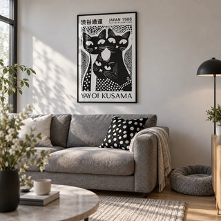 Black Cat Poster Art, framed on the wall of a modern grey and white living room with a light oak floor