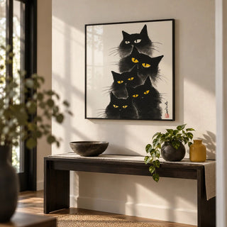 Black Cat Poster, framed on the wall of a calm hallway
