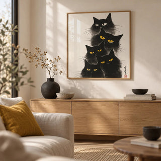 Black Cat Poster, framed on the wall of a calm Japandi living room