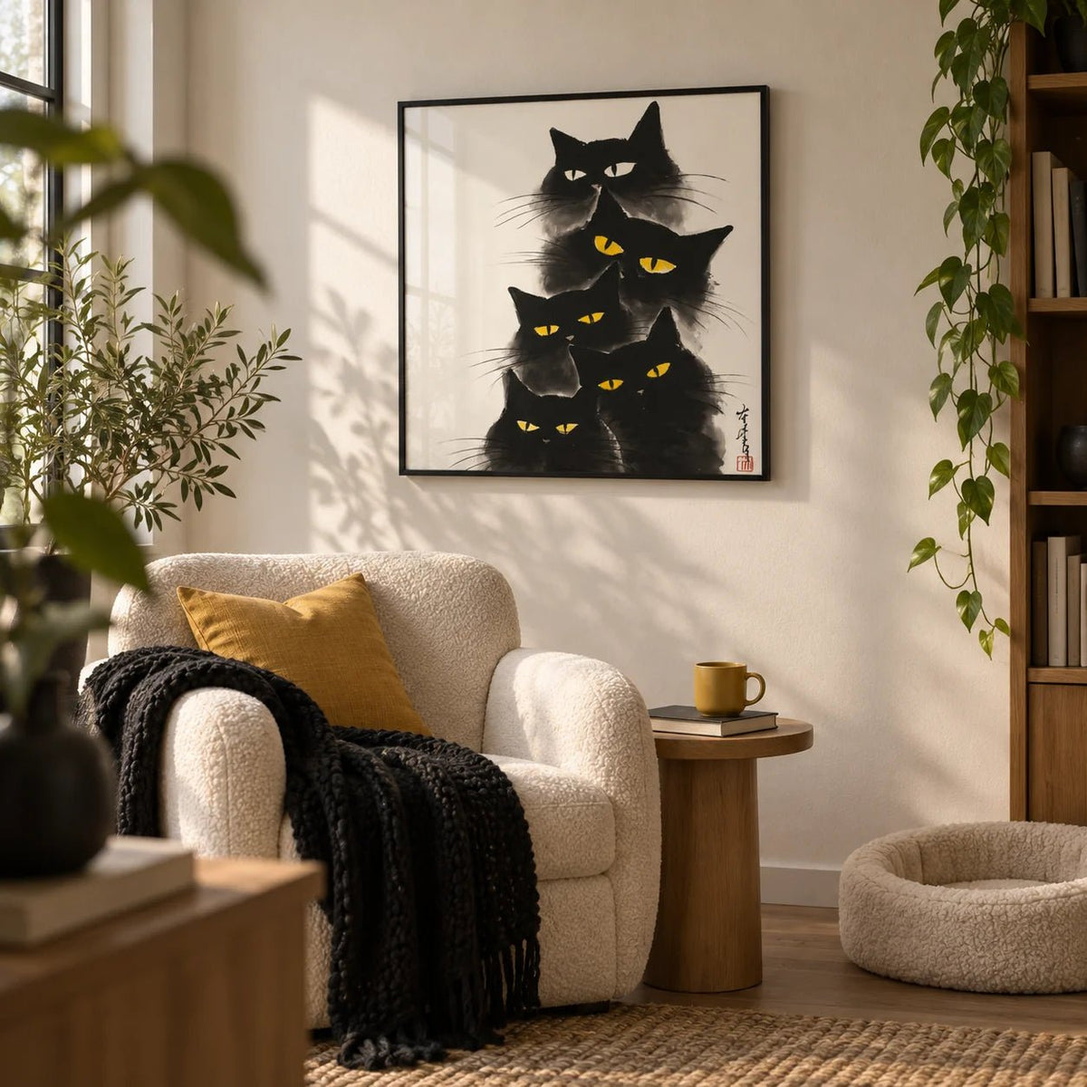 Black Cat Poster, framed on the wall of a cosy reading nook in a living room