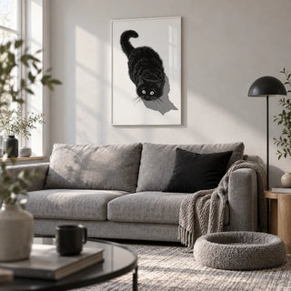 Black Cat Print, framed on the wall of a modern grey and white living room with a light oak floor