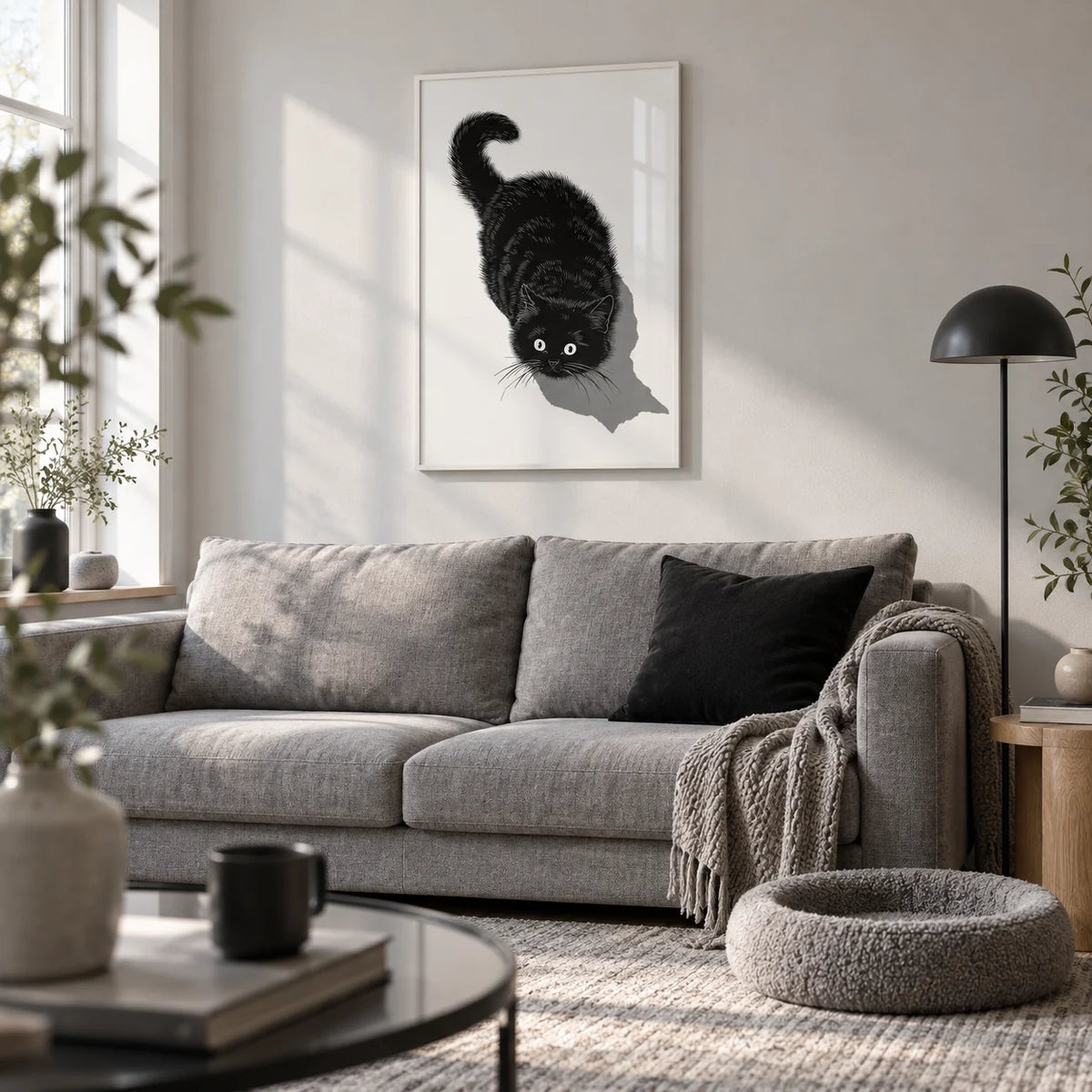 Black Cat Print, framed on the wall of a modern grey and white living room with a light oak floor