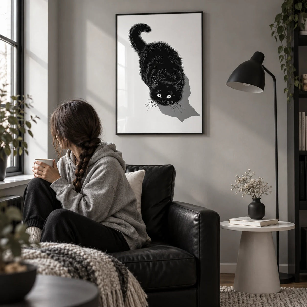 Black Cat Print, framed on the wall of a monochrome reading corner with a soft grey wall in a living room