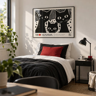 Black Cat Wall Art, framed on the wall of a crisp uni bedroom (18-21) with a white wall