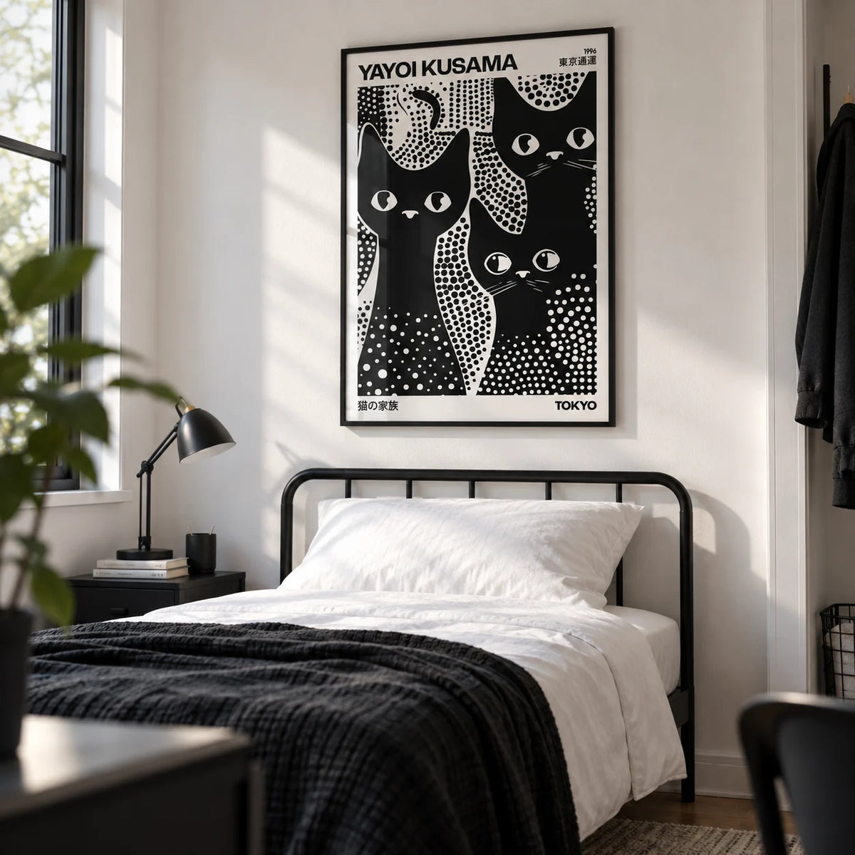Black Cats Poster, framed on the wall of a crisp teen boy's bedroom (13-17) with a white wall