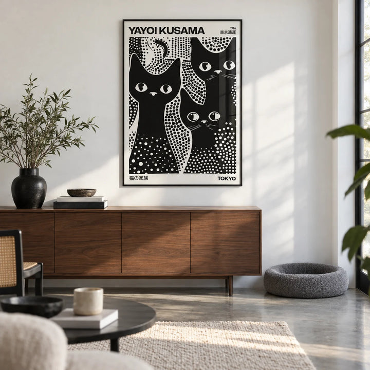 Black Cats Poster, framed on the wall of a design-led living room with a white wall and a polished concrete floor