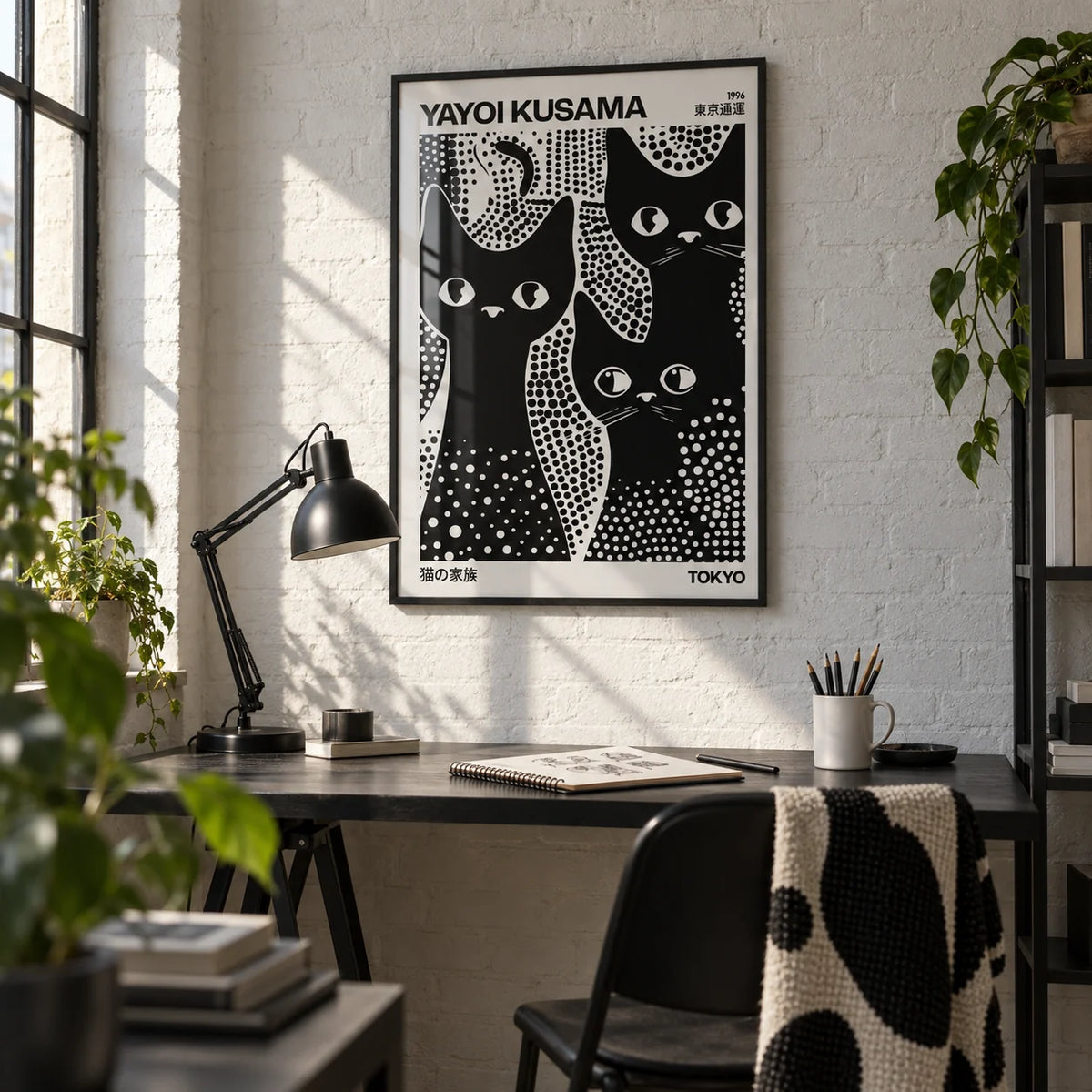 Black Cats Poster, framed on the wall of a design studio corner with a white brick wall in a home office