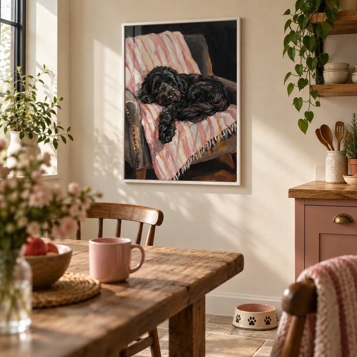 Cockapoo Poster, framed on the wall of a cosy family kitchen