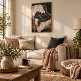 Cockapoo Poster, framed on the wall of a cosy living room