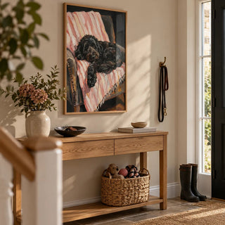 Cockapoo Poster, framed on the wall of a hallway by the front door