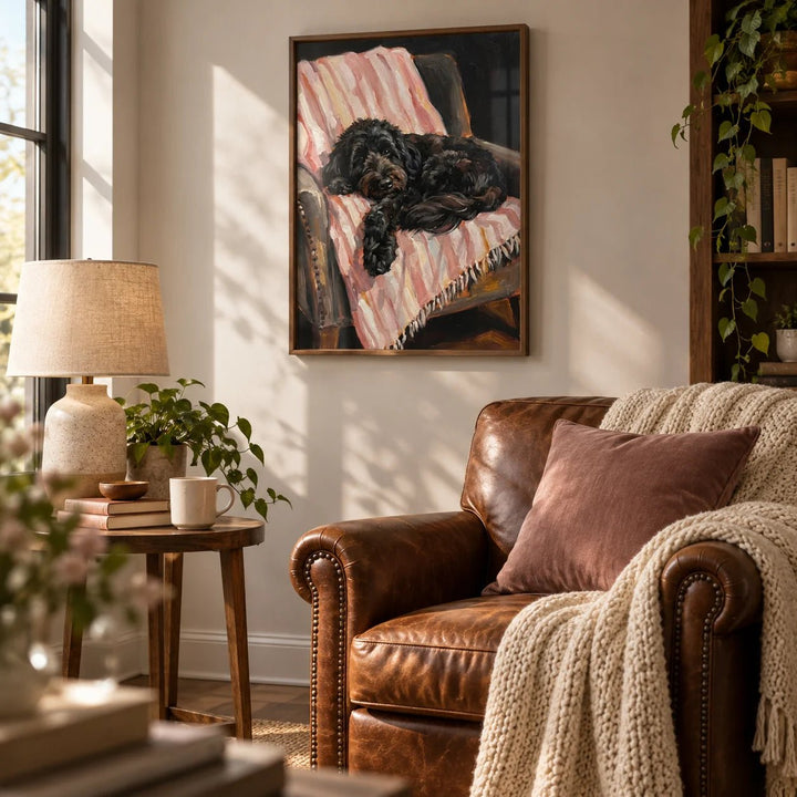 Cockapoo Poster, framed on the wall of a reading corner in a living room