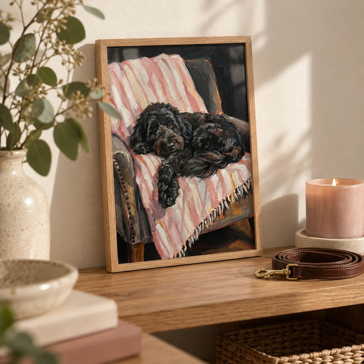 Cockapoo Poster, a small A4 framed print leaning on an oak shelf in a living room