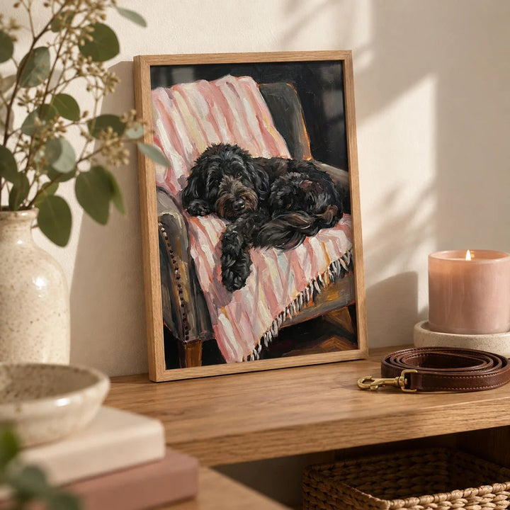 Cockapoo Poster, a small A4 framed print leaning on an oak shelf in a living room